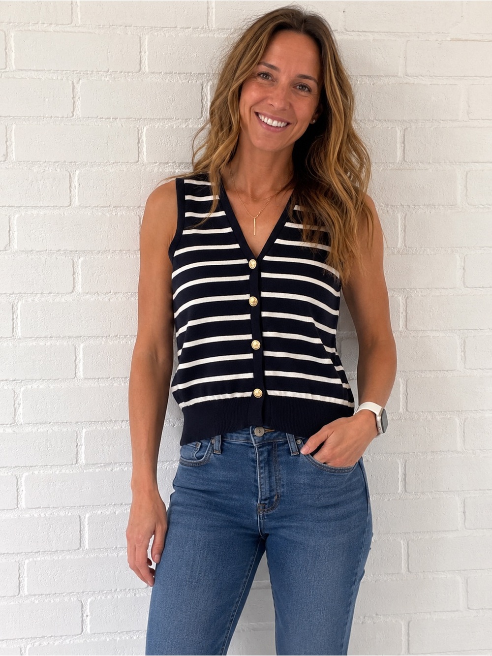 Striped Knit Button-Front Sleeveless Sweater Vest - Navy & White